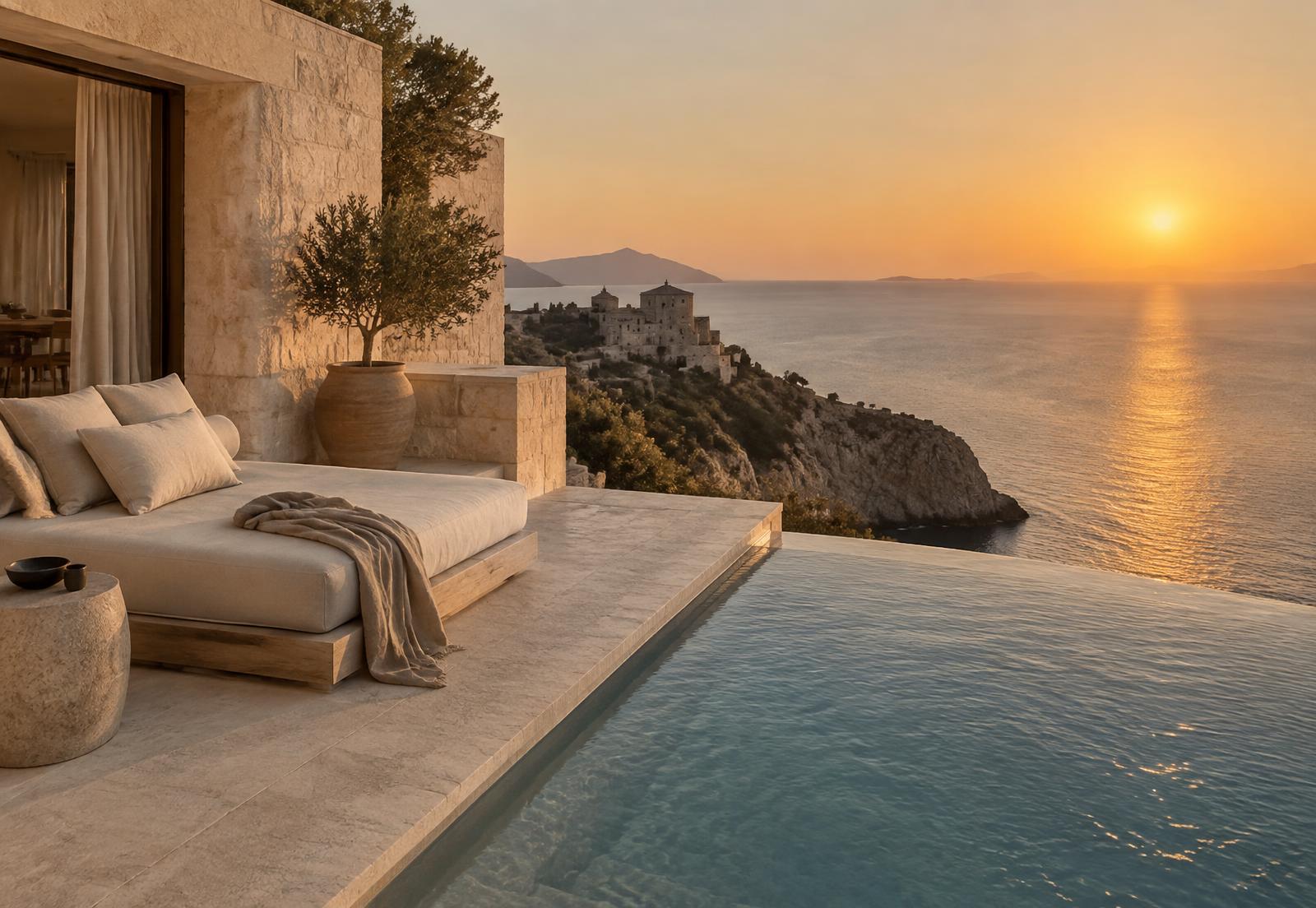 A private stone terrace and infinity pool overlooking the sea at sunset